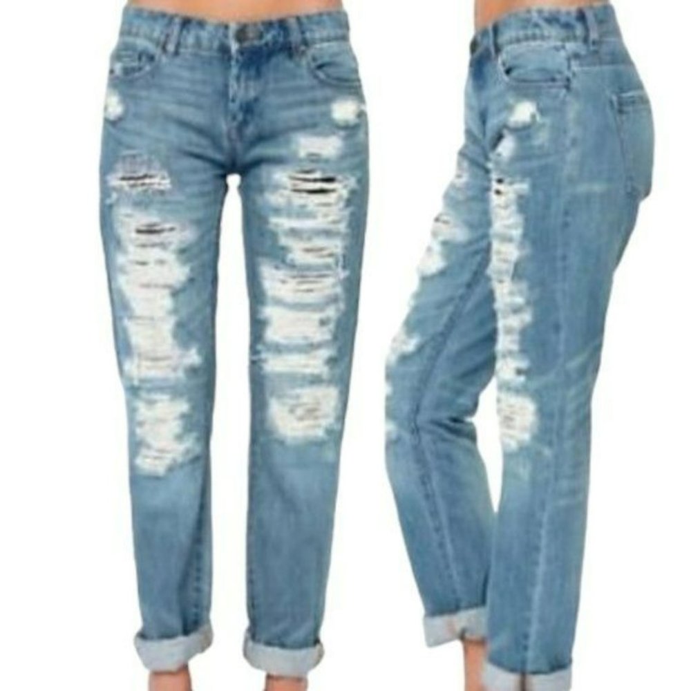 BLANK NYC Boyfriend Jeans Medium Wash Distressed Destroyed Straight Leg Size 30